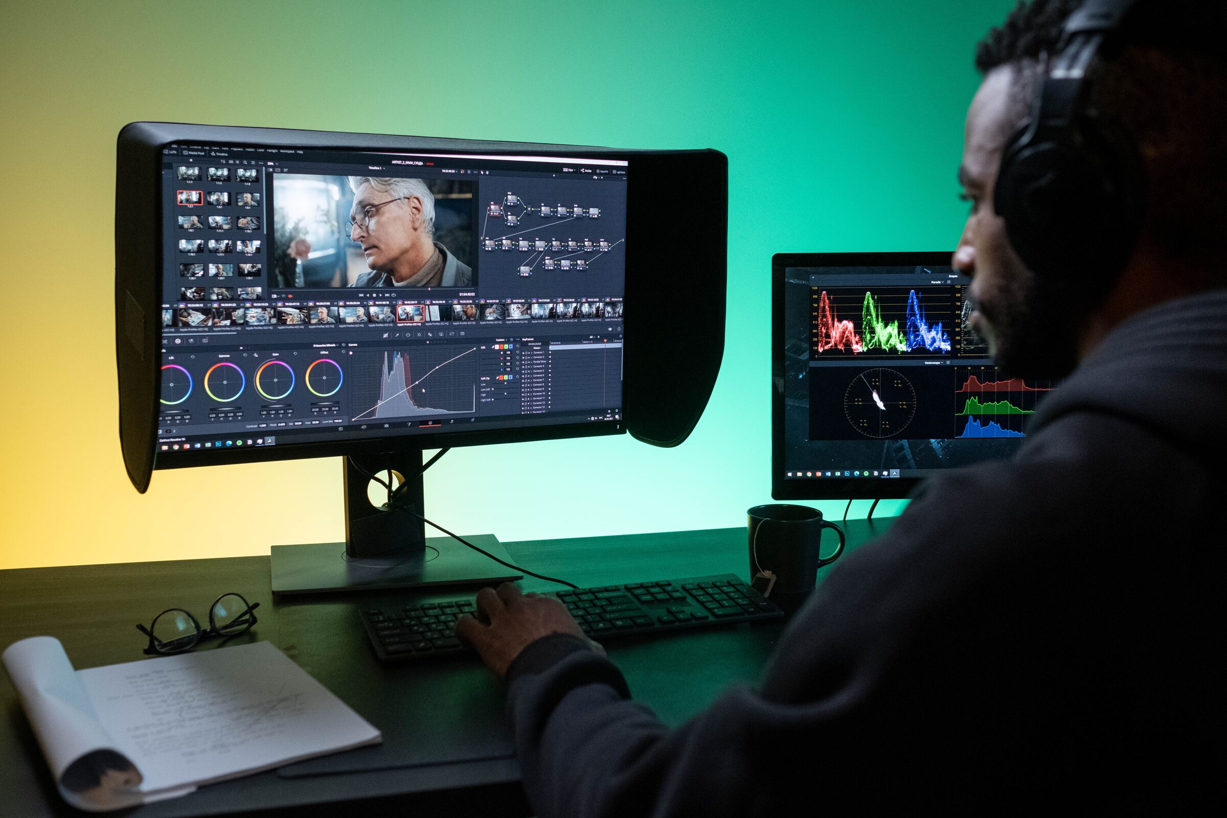 An editor reviews a color-graded frame and waveform scopes side by side at a two-monitor desk.